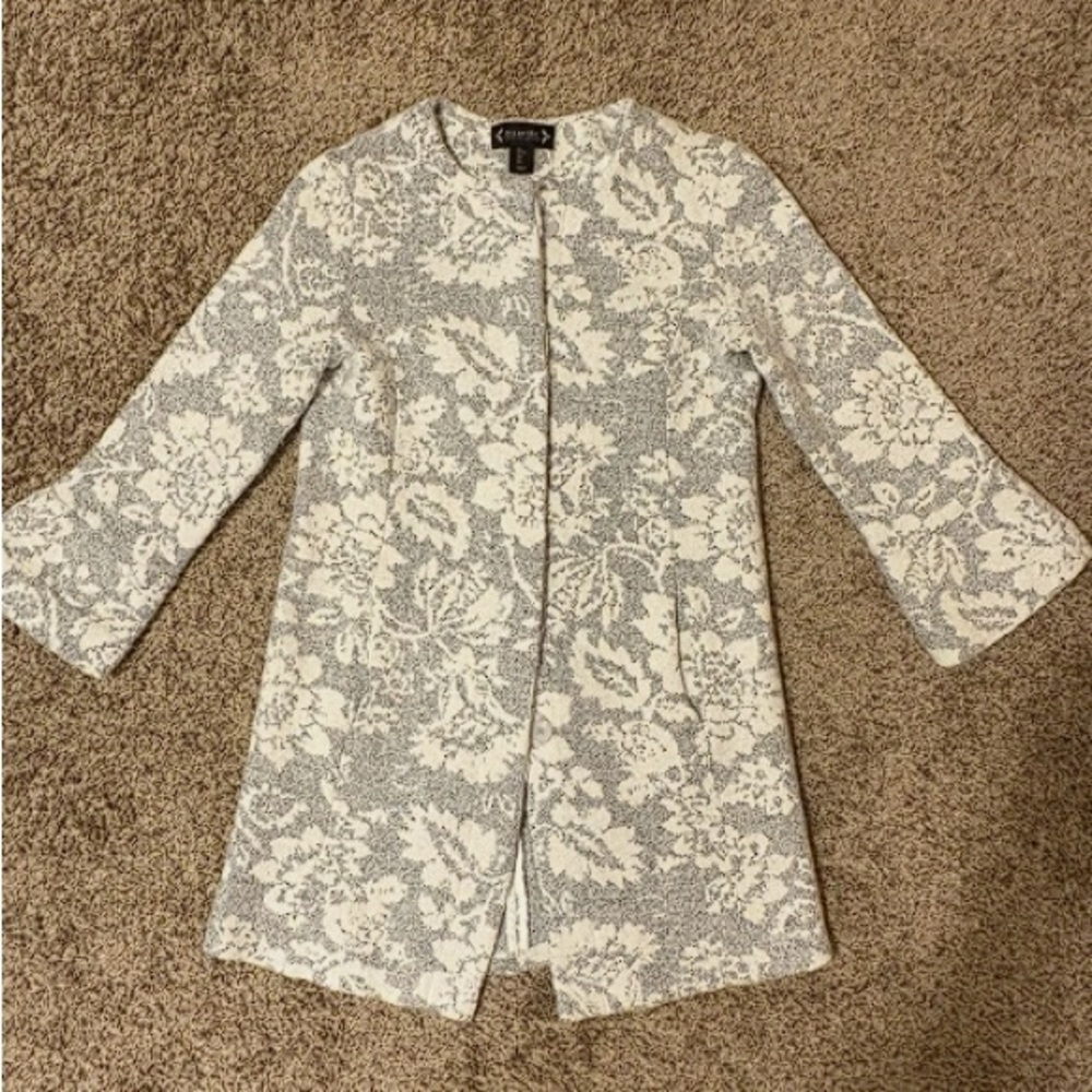 Nanette Lepore Dress Coat Sz Large Gray White Boucle Floral Wool Blend